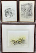 A framed and glazed watercolour, wild flowers, signed Marion Harbinson and a pair of limited edition