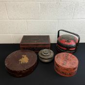 A collection of five 19th century and later Oriental lacquered boxes to include a Kashmiri papier