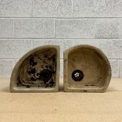 Two C.1900 leadless glazed ceramic stoneware corner sinks with impressed marks. H. W.cm