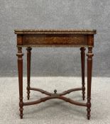 A French Louis XVI style kingwood card table having a marquetry inlaid fold-over top with lobed