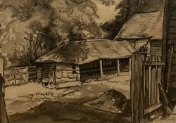 Grace Golden (1904-1993), a pen and ink drawing titled 'Near Guildford' 1935, depicting a rural farm