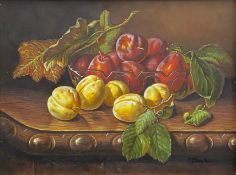 A 20th century Flemish style still life oil on board, plums in a glass bowl on an oak table,
