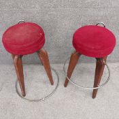 A pair of mid-century teak and velour swivel stools from the Cassino de la Vallee, Italy, with