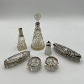 A collection of hallmarked silver and cut glass items to include two conical perfume bottles with