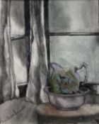 Maria Theresa Fernandes (b.1944), a signed charcoal and pastel still life on paper, wash jug and