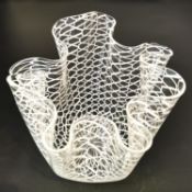A Murano glass crimped handkerchief vase with opaque latticino decoration by Venini, with an