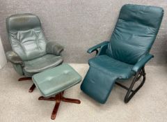 A late 20th century Swedish Mobel Team green leather reclining chair with a swivel action and