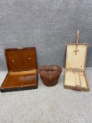 A playing cards box, a leather hat box and an artist's box/easel. W.52 D.42cm (card box), H.25 W.