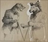 Adrian George (British 1944-2021), a signed pen, ink and watercolour illustration depicting two