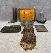 A boot last, two trays, a chalk bowl, a galleon, two lamp or ceiling shades and a copper playing