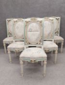 A set of six contemporary carved and painted 19th century style dining chairs each having a floral