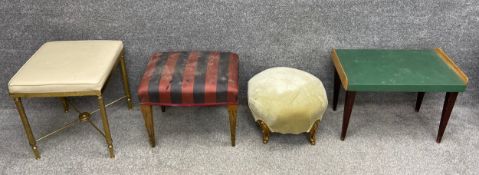 A collection of four stools to include one 20th French brass with a leather inset cushion over