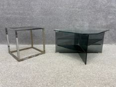 Two vintage glass and chrome coffee tables. H.38 W.51 D.51cm (blue glass), H.40.5 W.40 D.40cm (