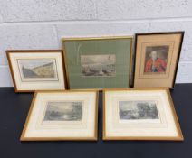 A collection of five artworks to include two 19th century engravings titled 'Loch Katrine: Looking