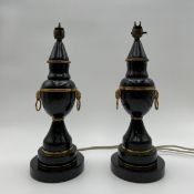A pair of early 20th century Regency style ormulu mounted black marble table lamps of turned
