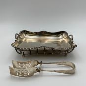 A 20th century hallmarked silver serving tray on stand by Mappin & Webb with maker's marks along