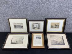 A collection of six 19th century engravings of historical buildings, some hand coloured, all