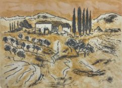 A signed and limited edition etching with colours titled 'Tuscany Farm'. Framed and glazed with a