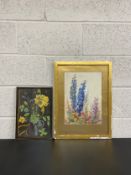 A still life pastel on sugar paper, flowers in a jug, signed G.M. Kenny, along with a watercolour on