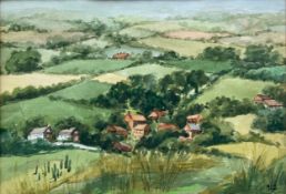 An indistinctly signed watercolour on paper, a rural landscape titled 'View of Buckinghamshire