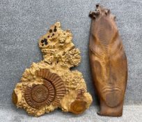 Two mid to late 20th century carved burr wood wall hanging sculptures to include one of naturalistic