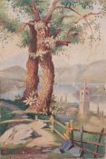 A signed and dated Impressionist style watercolour landscape on paper with an inscription to the