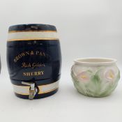 A Brown & Panks ceramic sherry barrel with cover and tap, and a bowl with moulded lily design. H.