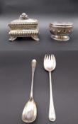 Two Portuguese silver lidded boxes along with a pair of silver plated salad servers. Dia.12cm
