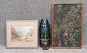 A collection of artworks to include a watercolour landscape titled 'The Stepping Stone - Dovedale'