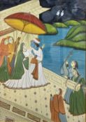 A large Indian Mughal gouache on silk depicting Vishnu surrounded by musicians, in a gilt