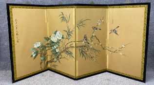 A Chinese screen with hand painted gouache birds and plum blossom on silk with calligraphic