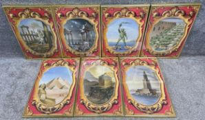 A set of seven framed and glazed gouache paintings of the seven wonders of the world set within