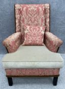 A contemporary damask upholstered armchair with a velour seat on square straight supports. H.110cm.