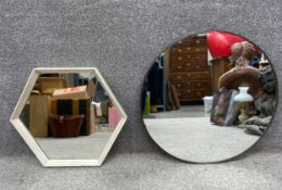 Two wall mirrors. L.46.5 W.53cm (Hexagonal), Dia.61cm (Metal frame)