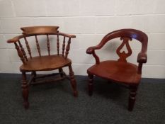 Two chairs to include one 19th century beech and elm smoker's bow chair on turned supports, and a