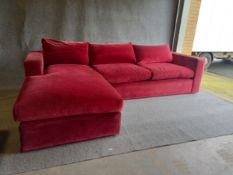 A large contemporary red velour corner sofa from Sofa.com. L.288cm longest side, 184cm shortest