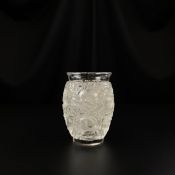 A 20th century clear and frosted glass Bagatelle vase decorated in relief with birds in foliate