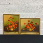 Two 20th century oil paintings on canvas, still life flowers in globular vases, one signed D.