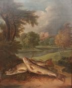 A continental style possibly 19th century oil on canvas, two trout on a riverbank, in the manner