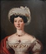A 19th century miniature oil on board, portrait of a lady, in a gilt gesso frame. H.25 W.21cm