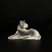A frosted glass Simba figure of a lioness by Lalique with a label and etched Lalique France
