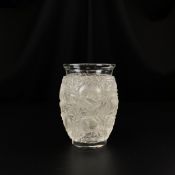 A 20th century clear and frosted glass Bagatelle vase decorated in relief with birds in foliate