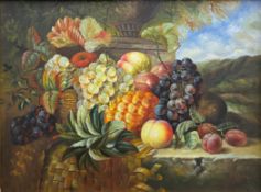 A 20th century Italian Renaissance style oil painting on board, a basket overflowing with fruit on a