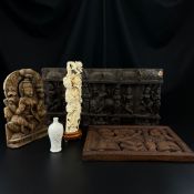 A collection of Oriental items to include a 19th century South East Asian hardwood panel carved