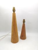 Two contemporary oak 'Cone' table lamps by Nick Hammond, one with an inset maker's label to the