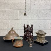A collection of Eastern metal and other items to include a 20th century carved Chinese Emperor mask,