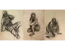 Three large charcoal life drawings on paper by Tessana Hoare to include a seated nude, a crouching