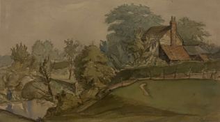 Grace Golden (1904-1993), a pencil and watercolour drawing on paper of a rural scene with a figure