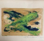 A small mid century abstract oil on paper signed with an inscription to the lower right in a gilt