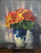 Georg Hoffmann (1891-1975), a mid century German oil on board, still life blue and white vase with